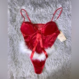 Red bodysuit lingerie velvety front, feather trim, sheer back and thong